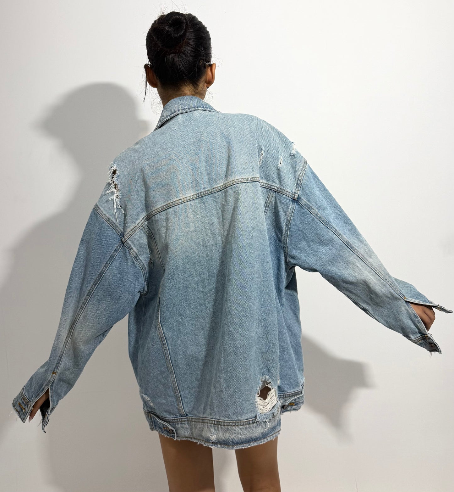 Women's Jacket Light Wash Oversized Distressed Denim