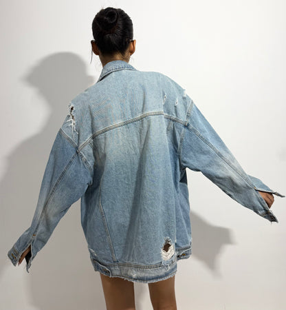 Women's Jacket Light Wash Oversized Distressed Denim