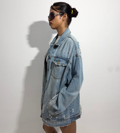 Women's Jacket Light Wash Oversized Distressed Denim