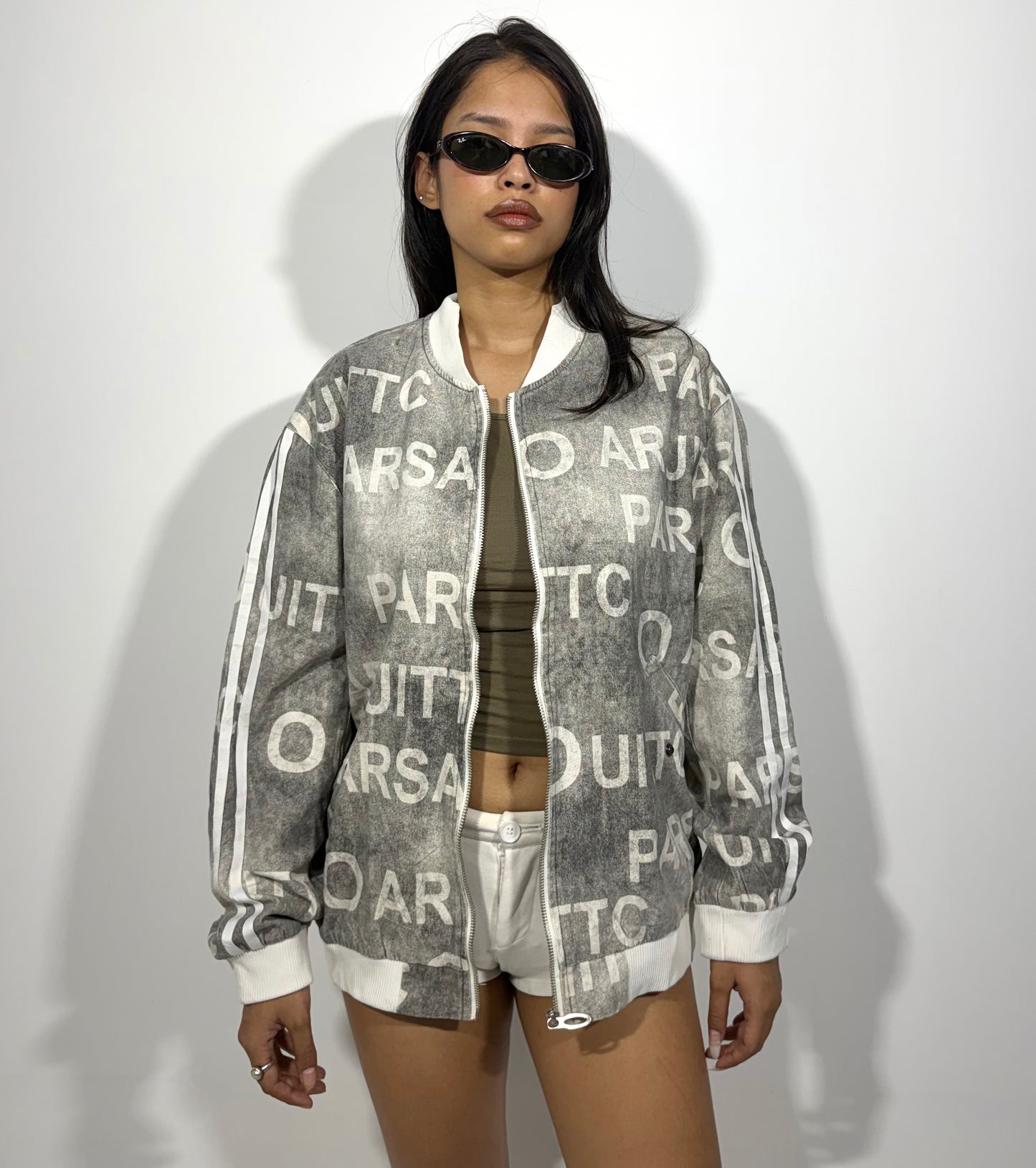 Women's Jacket Grey Typography Bomber Jacket