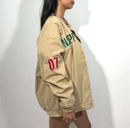 Unisex Beige Graphic Varsity Jacket