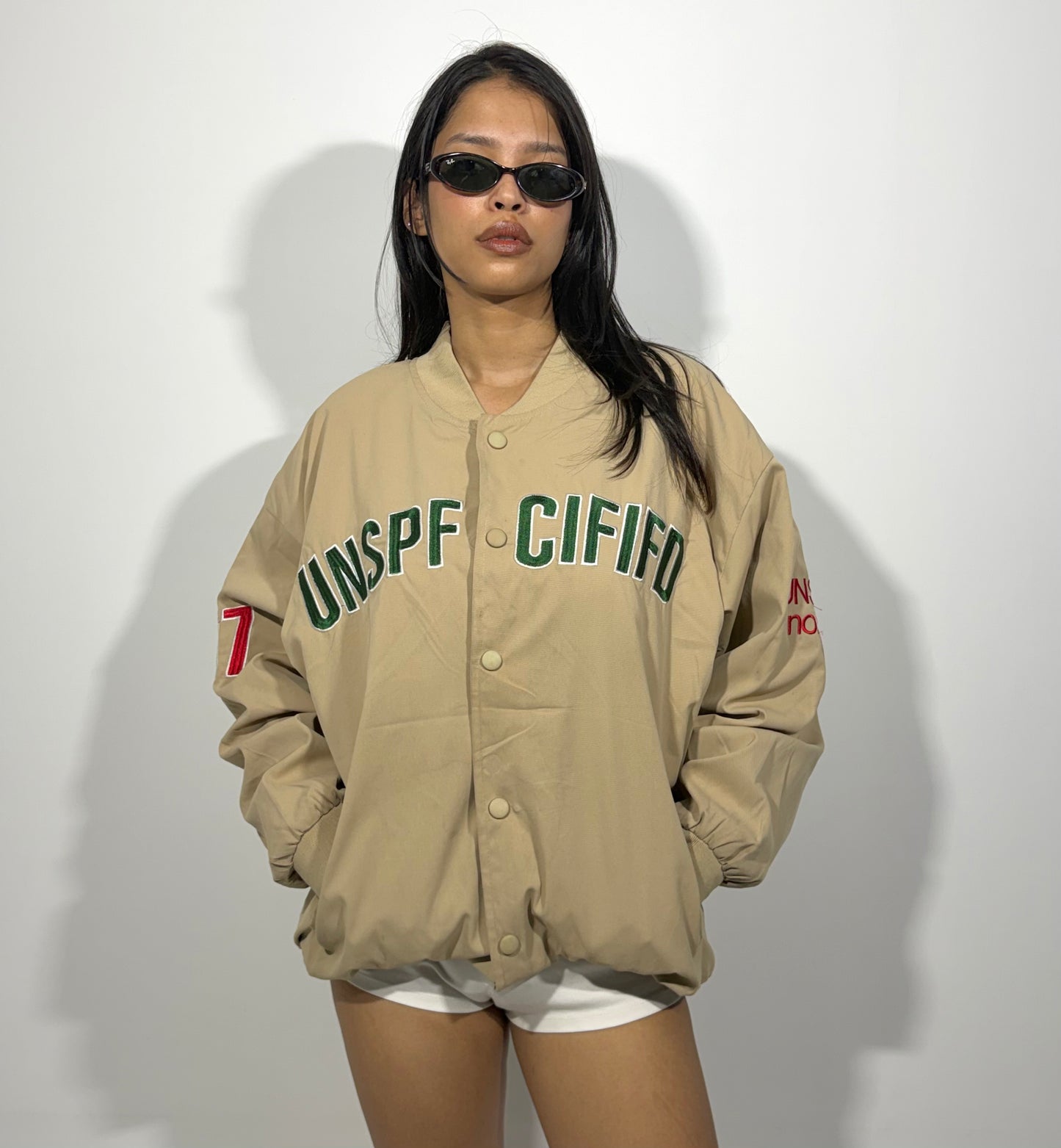 Unisex Beige Graphic Varsity Jacket