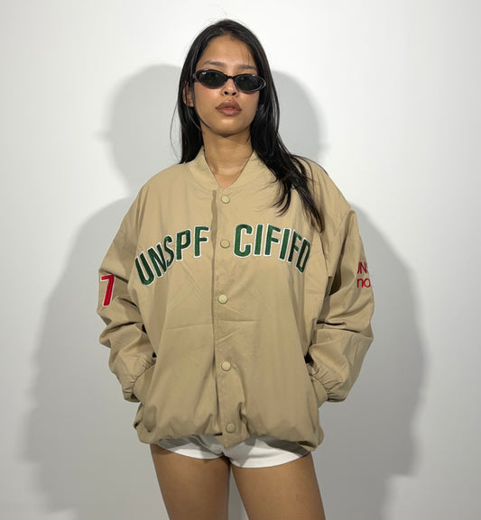 Unisex Beige Graphic Varsity Jacket