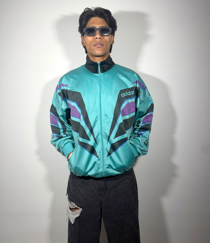 Vintage Teal Geometric Windbreaker Men's Jacket