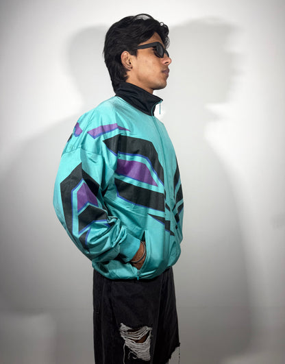 Vintage Teal Geometric Windbreaker Men's Jacket
