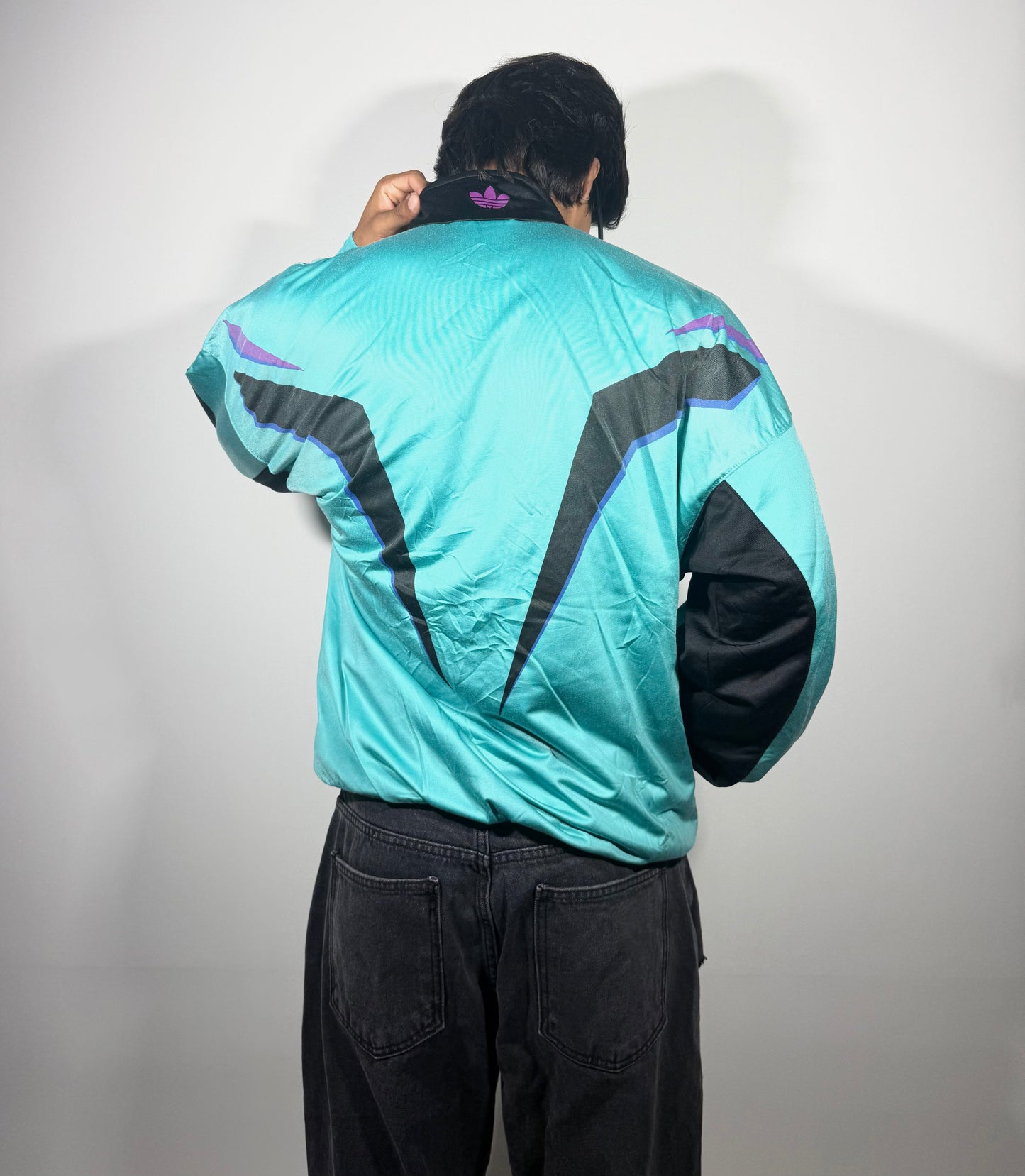 Vintage Teal Geometric Windbreaker Men's Jacket