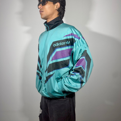 Vintage Teal Geometric Windbreaker Men's Jacket