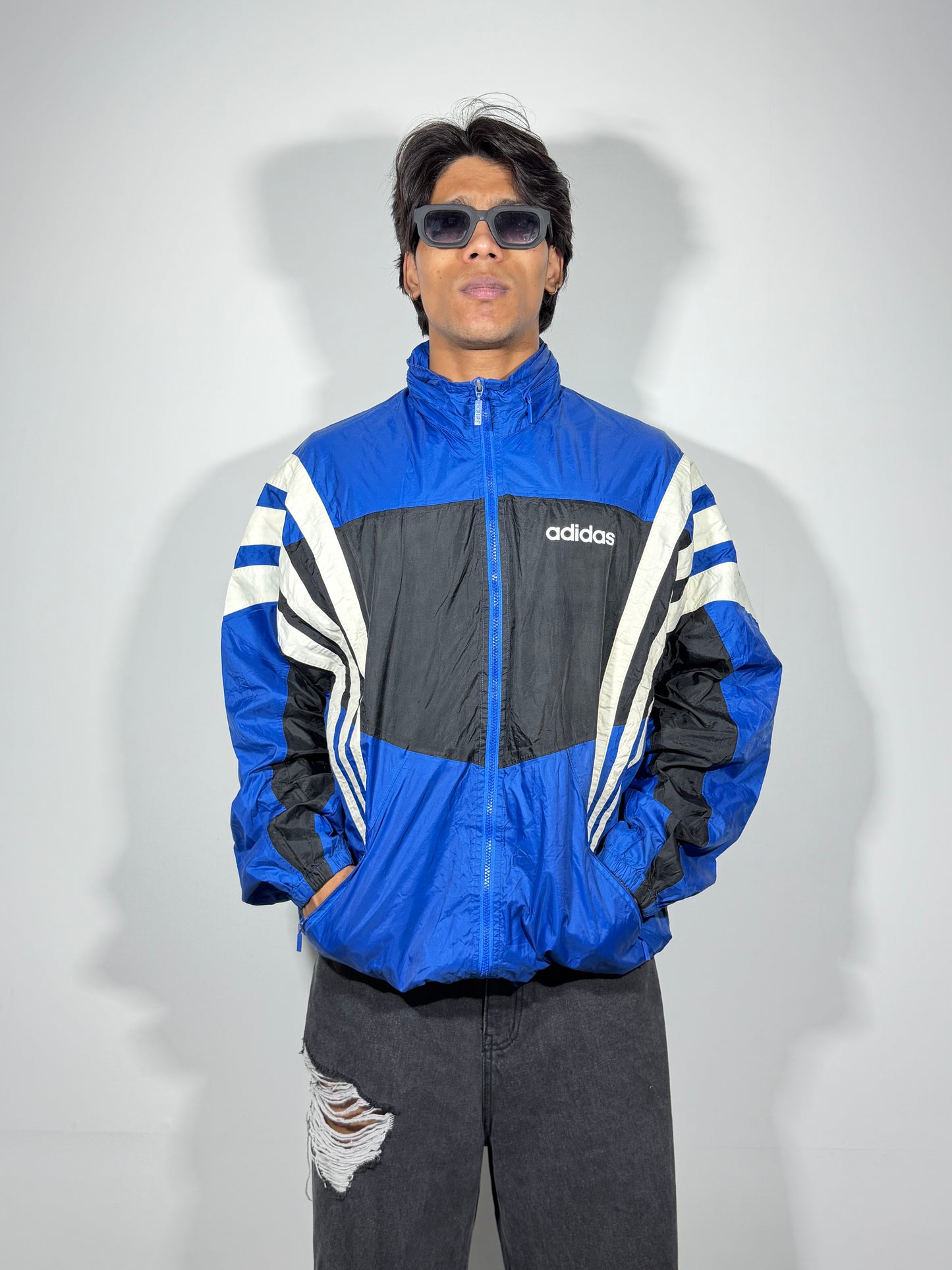 Vintage Blue Colorblock Hooded Windbreaker Men's Jacket