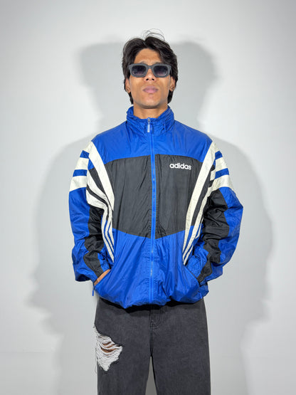Vintage Blue Colorblock Hooded Windbreaker Men's Jacket