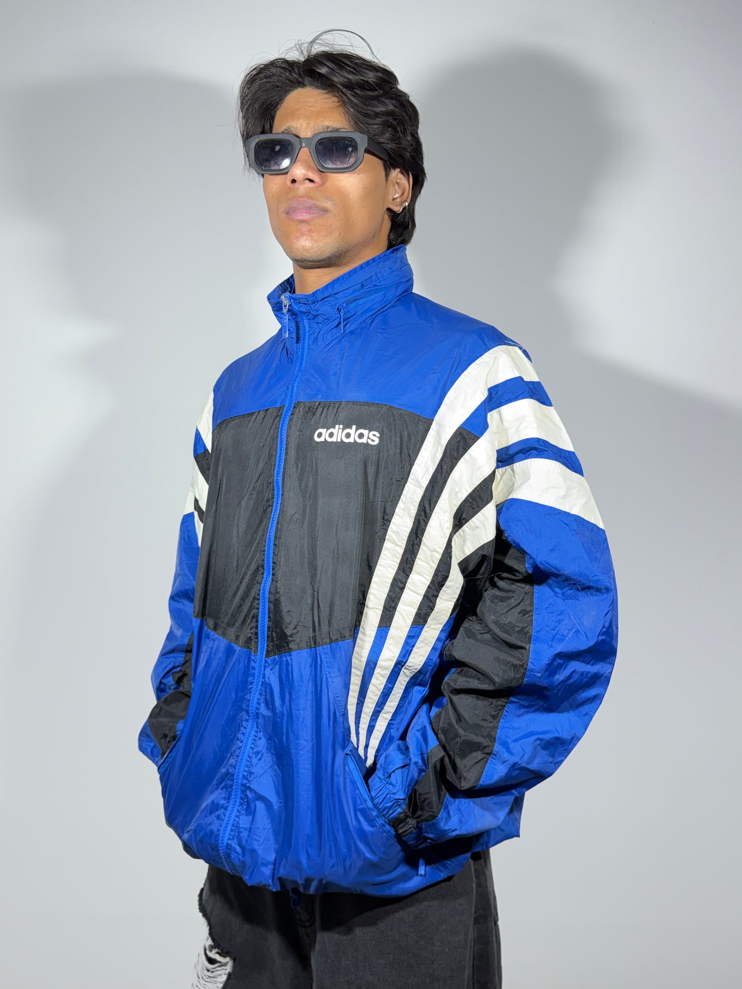 Vintage Blue Colorblock Hooded Windbreaker Men's Jacket