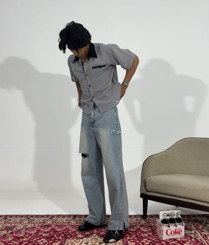 Men's Light Wash Distressed Wide-Leg Denim