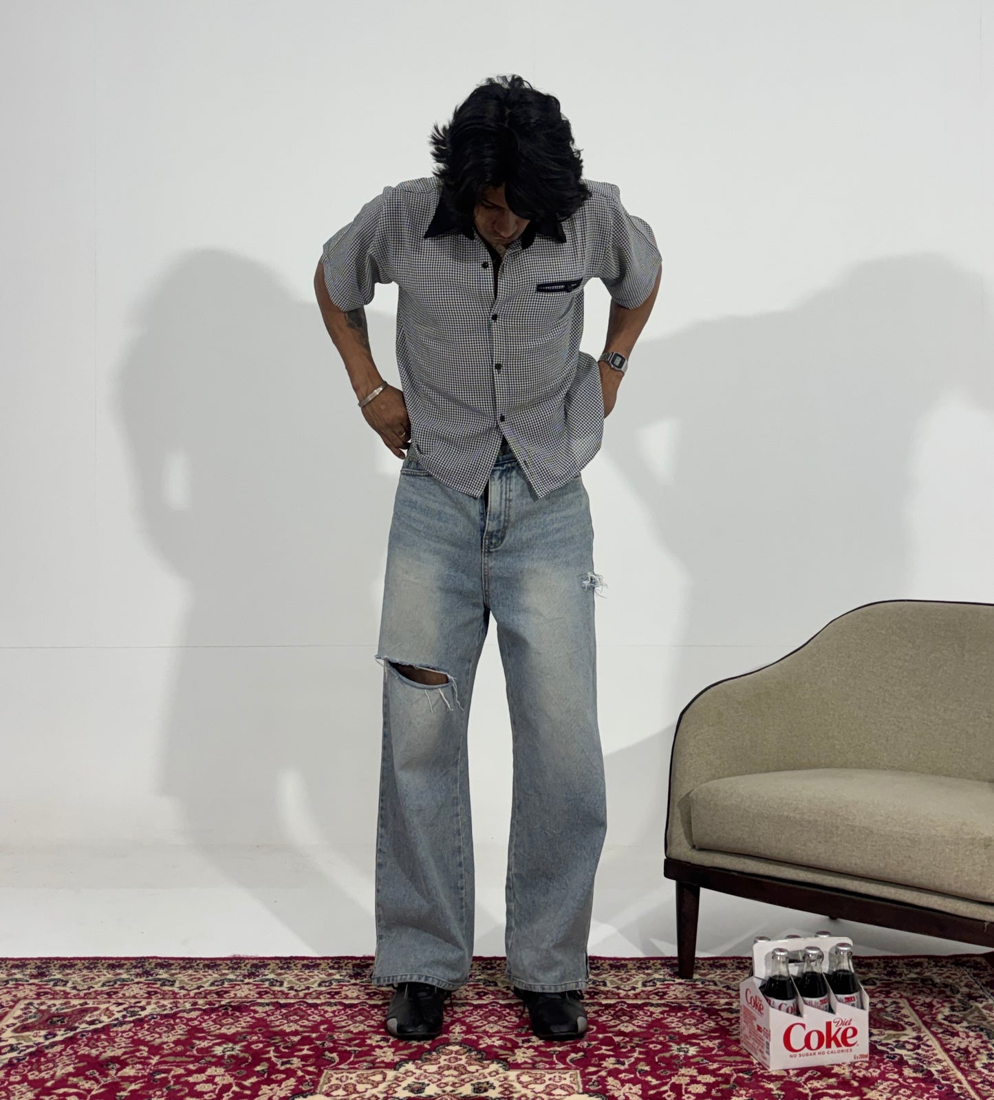 Men's Light Wash Distressed Wide-Leg Denim