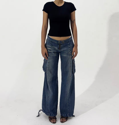 Women's Y2K Low-Rise Wide Leg Cargo Jeans with Drawstring Hem