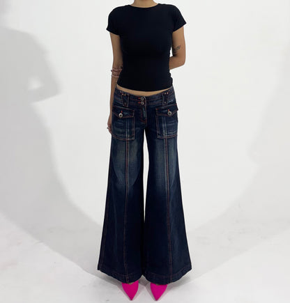 Dark Wash Low-Rise Wide Leg Cargo Women's Jeans