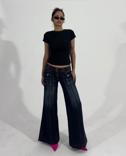 Dark Wash Low-Rise Wide Leg Cargo Women's Jeans