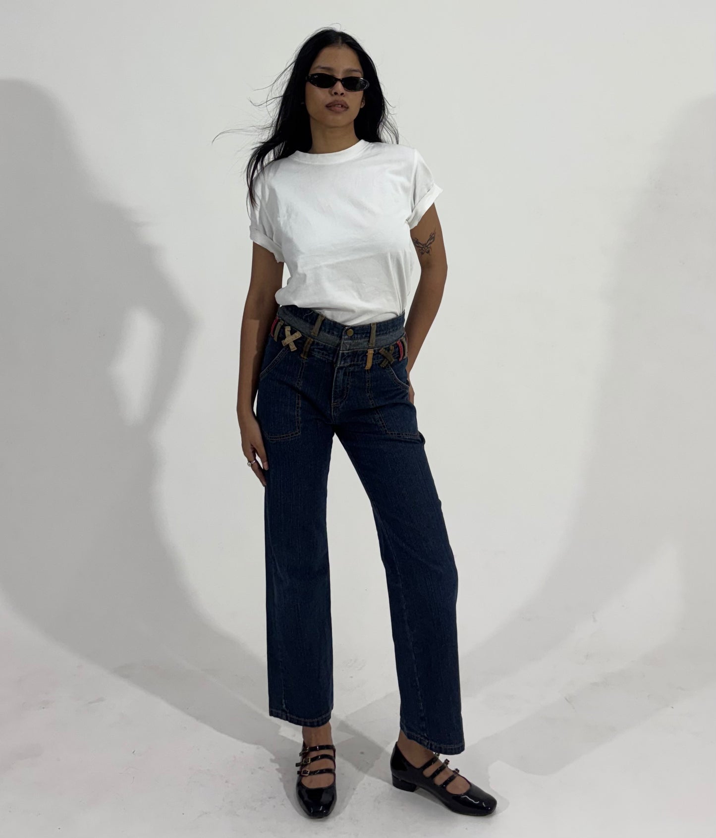 Contrast Belt-Loop Wide Leg Women's Jeans