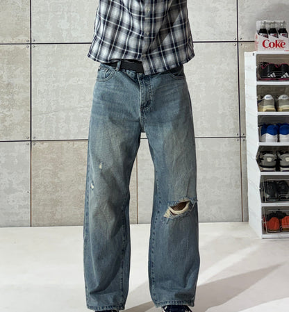 Men's Vintage Distressed Wide Leg Denim