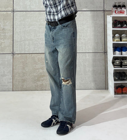 Men's Vintage Distressed Wide Leg Denim
