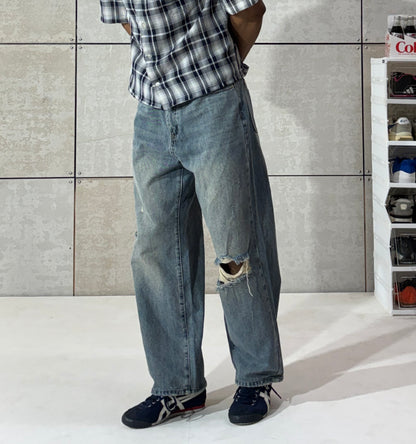 Men's Vintage Distressed Wide Leg Denim