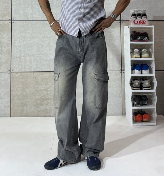 Men's Washed Grey Cargo Wide Leg Denim