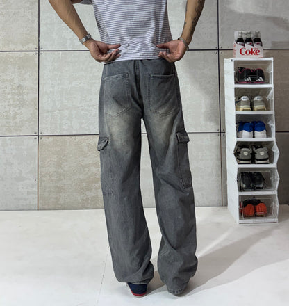Men's Washed Grey Cargo Wide Leg Denim