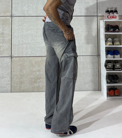 Men's Washed Grey Cargo Wide Leg Denim