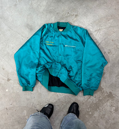 Unisex Jacket Bomber Vintage Teal Satin Embroidered Snap-Front