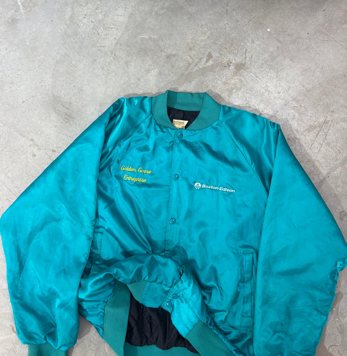 Unisex Jacket Bomber Vintage Teal Satin Embroidered Snap-Front