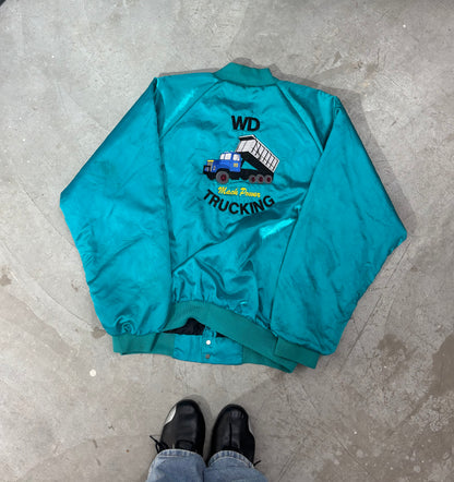 Unisex Jacket Bomber Vintage Teal Satin Embroidered Snap-Front