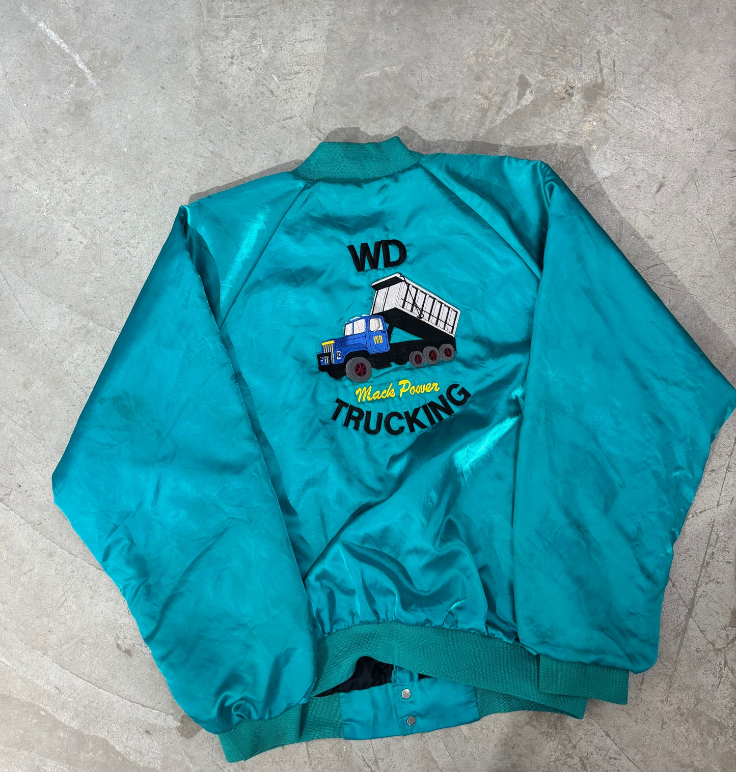 Unisex Jacket Bomber Vintage Teal Satin Embroidered Snap-Front