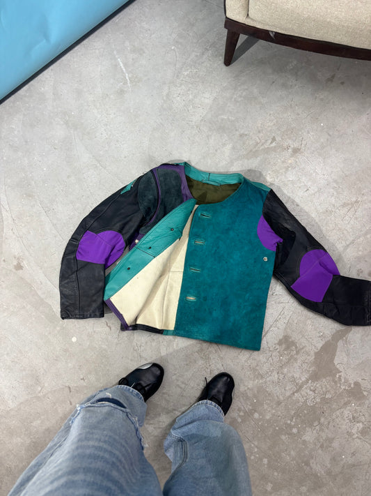 Unisex Jacket Colorblock Vintage Leather Teal Purple & Black