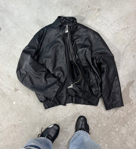 Unisex Jacket Bomber Vintage Black Leather Zip Closure