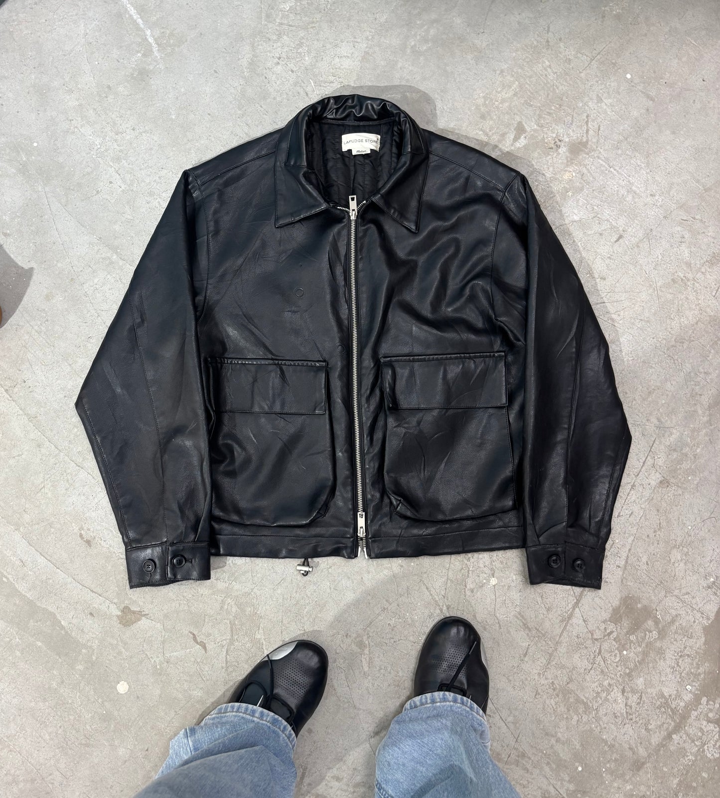 Unisex Jacket Zip-Up Black Leather Utility Pockets
