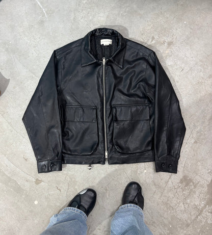 Unisex Jacket Zip-Up Black Leather Utility Pockets