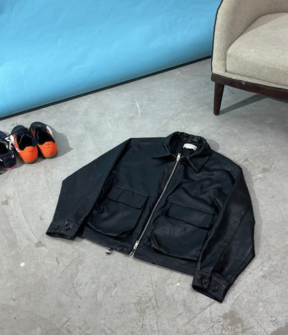 Unisex Jacket Zip-Up Black Leather Utility Pockets