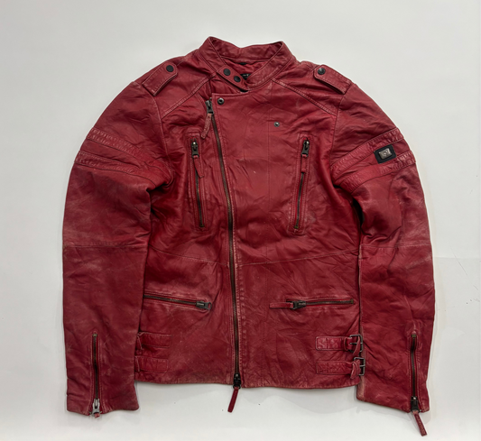 Red Distressed Leather Biker Jacket