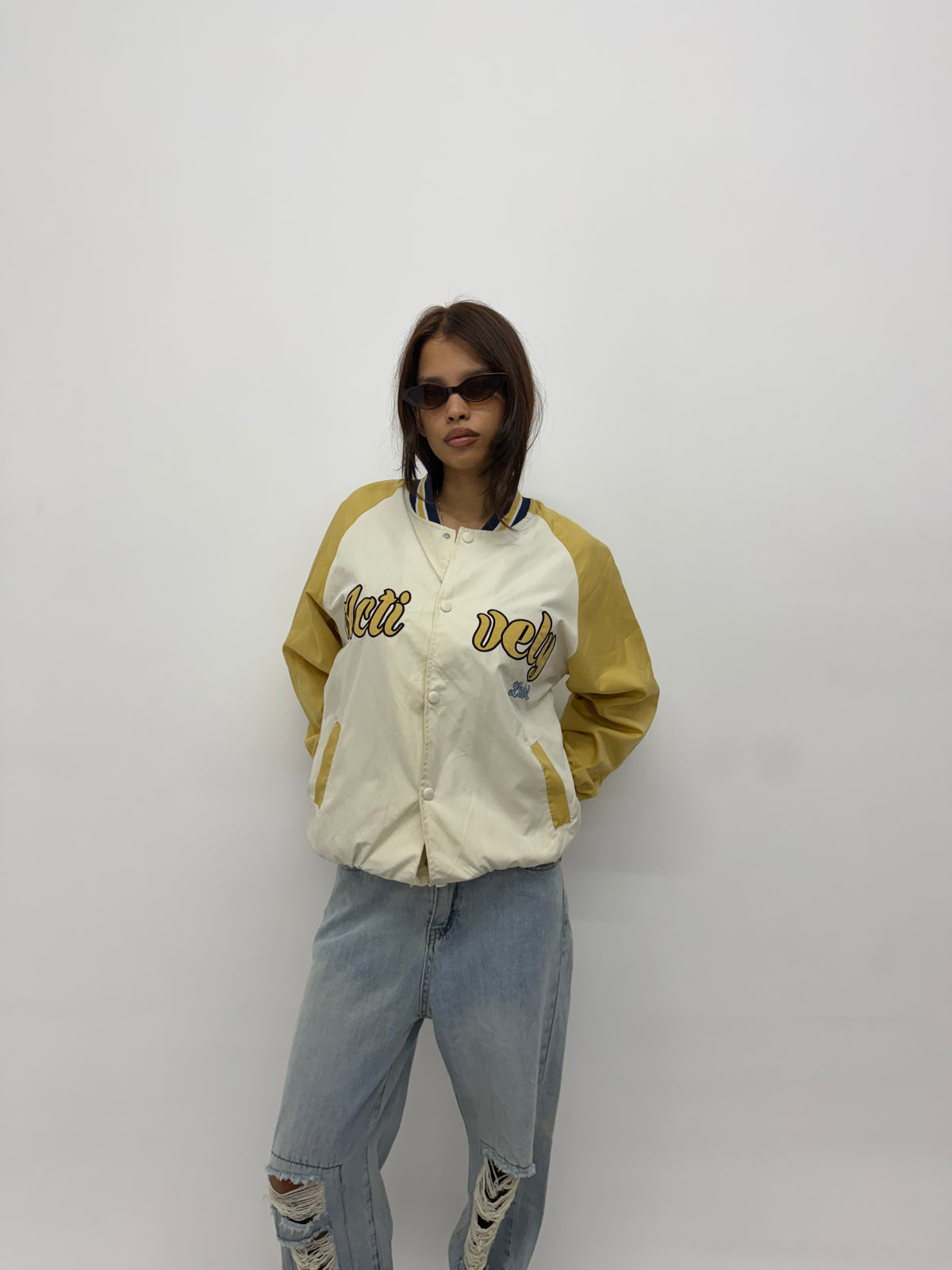 Vintage Beige & Mustard Embroidered Varsity Lightweight Bomber Jacket