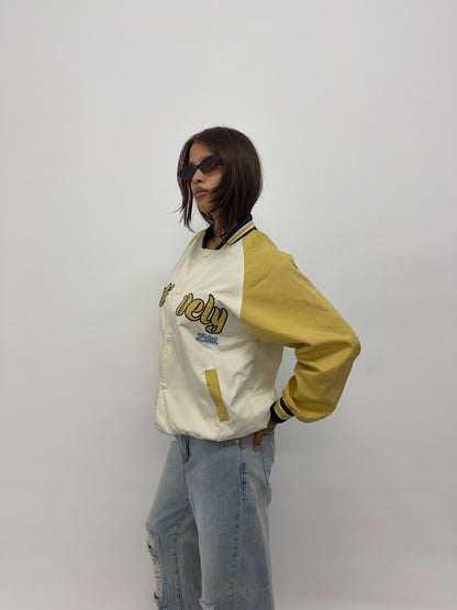 Vintage Beige & Mustard Embroidered Varsity Lightweight Bomber Jacket