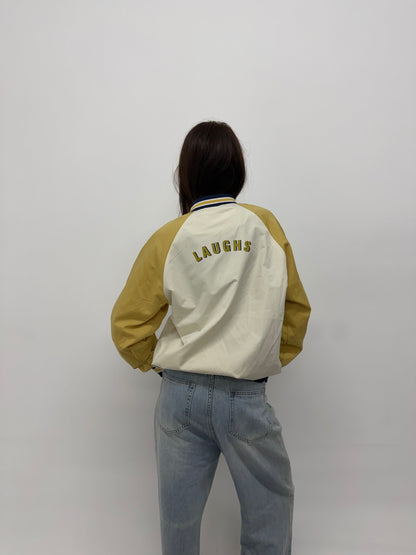 Vintage Beige & Mustard Embroidered Varsity Lightweight Bomber Jacket