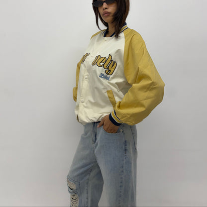 Vintage Beige & Mustard Embroidered Varsity Lightweight Bomber Jacket