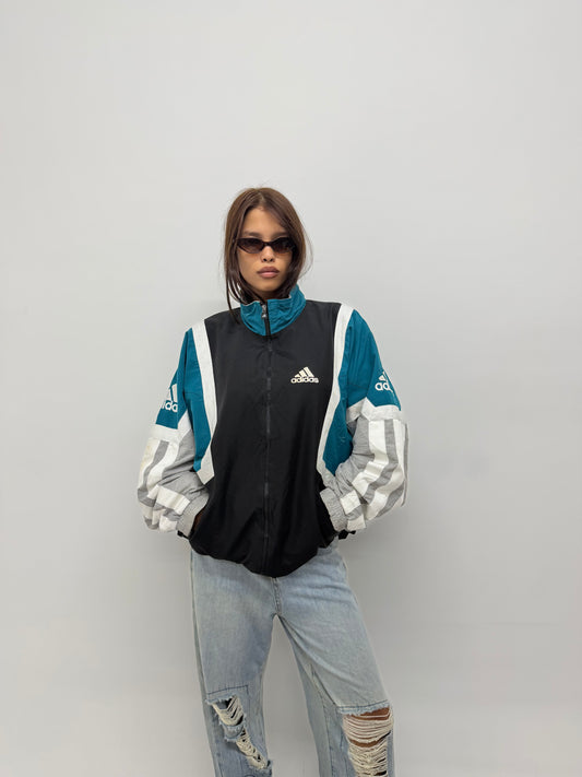 Unisex Vintage Teal and Black Colorblock Windbreaker Jacket