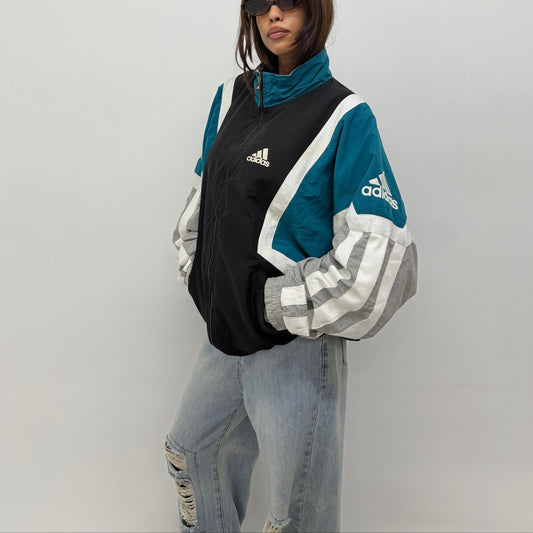 Unisex Vintage Teal and Black Colorblock Windbreaker Jacket