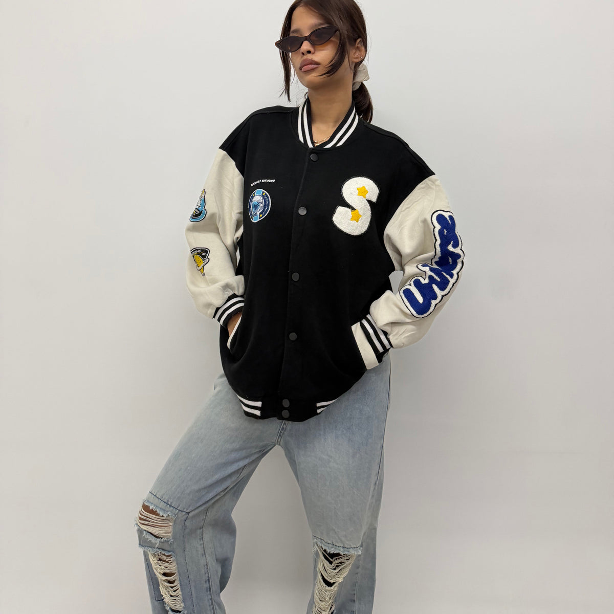 Unisex Black Oversized Patchwork Varsity Bomber Jacket