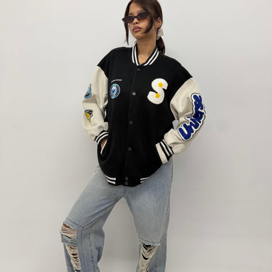 Unisex Black Oversized Patchwork Varsity Bomber Jacket