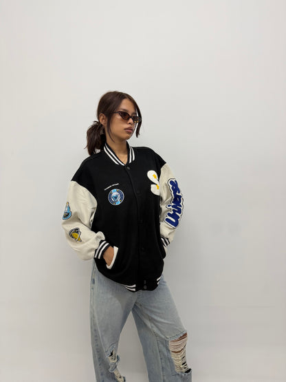 Unisex Black Oversized Patchwork Varsity Bomber Jacket
