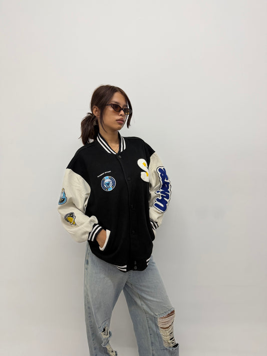 Unisex Black Oversized Patchwork Varsity Bomber Jacket