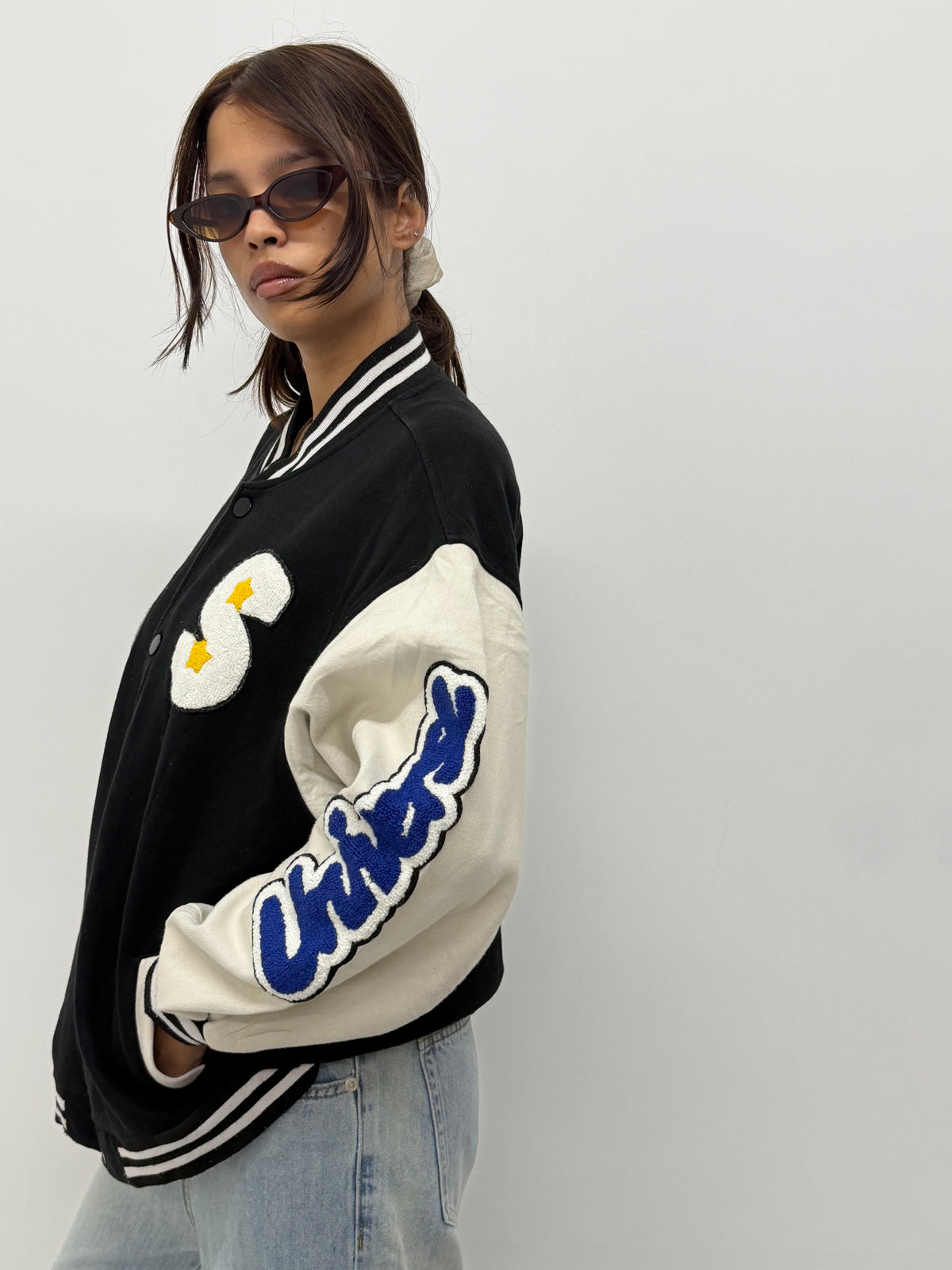 Unisex Black Oversized Patchwork Varsity Bomber Jacket