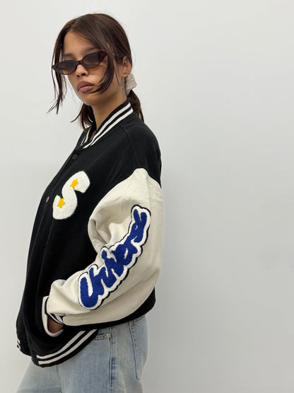 Unisex Black Oversized Patchwork Varsity Bomber Jacket