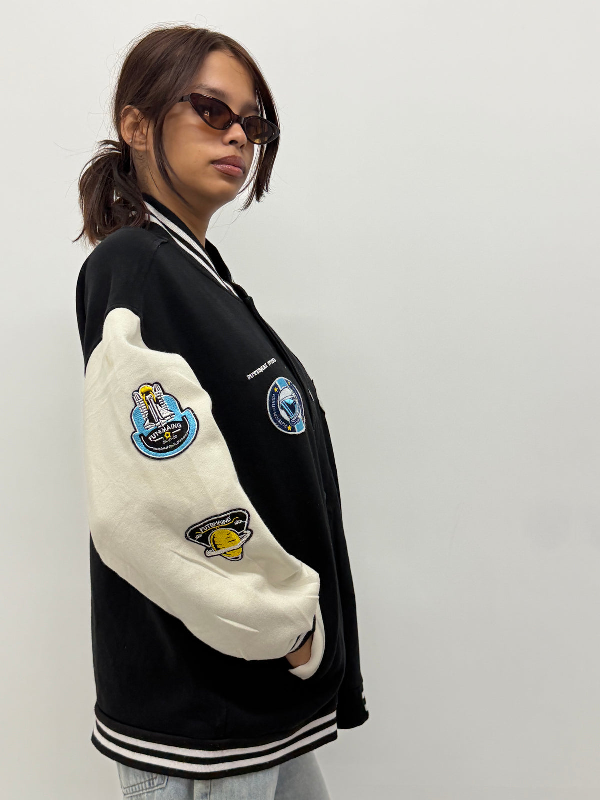 Unisex Black Oversized Patchwork Varsity Bomber Jacket