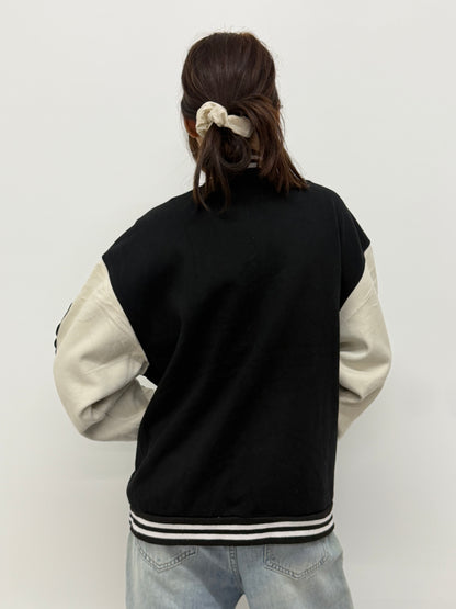 Unisex Black Oversized Patchwork Varsity Bomber Jacket